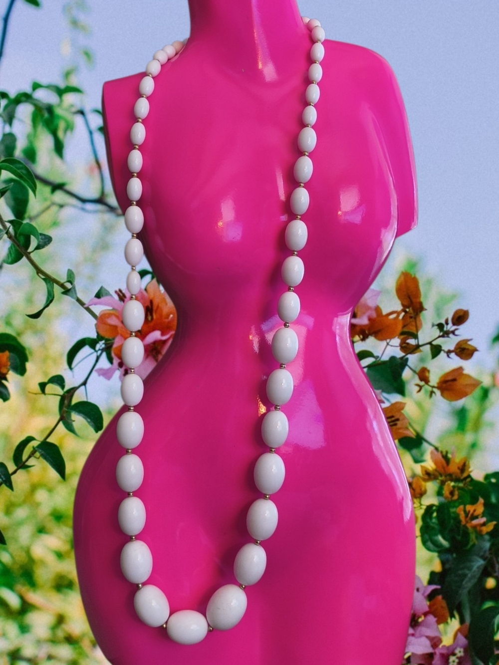 Vtg White Beaded Long Necklace